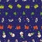 Cute Winter pattern background with snowmen ,santa penguins and colorful presents y on a dark blue background.