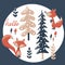 Cute winter set made with fox, rabbit, mushroom, bushes, plants, snow, trees