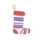 Cute winter sock for Christmas holiday. Wool knitted stocking with festive pattern, ornament. Warm woolen Xmas foot