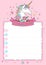 Cute wishlist card with unicorn, ribbon, flowers, hearts, stars on pink background