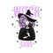 Cute witch and cat wearing hat. Vector illustration. Witch gang slogan with stars.