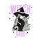 Cute witch and cat wearing hat. Vector illustration. Witch gang slogan with stars.