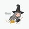 Cute witch fantastic character flying in broom and colorful sparks and stars on white background