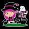 Cute witch girl play with ghost on grave yard cartoon illustration for halloween card design