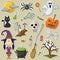 Cute witch and Halloween objects