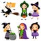Cute witch set. Cartoon girls in wizard fairy costumes. Halloween characters