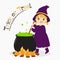 Cute Witch Stirring Potion, Halloween Cartoon Vector