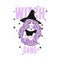 Cute witch wearing hat. Vector illustration. Witch gang slogan with stars.