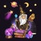 Cute wizard magical illustration with owl, stars, moon crystals and old books