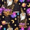 Cute wizard magical seamless pattern with owl, stars, moon crystals and old books on black