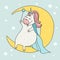 Cute wizard unicorn with wand sitting on the moon. Cartoon illustration. Doodle art of magic creature. Can be used for t-shirt pri