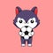 cute wolf holding soccer ball cartoon mascot doodle art hand drawn concept vector kawaii icon illustration