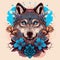 A cute wolf surrounded by flowers illustration.