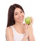 Cute woman with beautiful snow-white smile holding green apple. Healthy lifestyle and nutrition, dieting, weight loss, cosmetology
