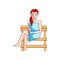Cute woman in blue towel sit in wood sauna