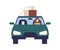 Cute woman driver ride at automobile with cat vector flat illustration. Female driver and pet carrying box on roof of