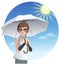 Cute woman holding sunshade umbrella under strong sunlight