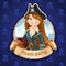 Cute woman pirate with treasure chest. Banner for Pirate party