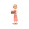 Cute woman in striped red dress, take stack of clean clothes