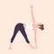 Cute woman in Trikonasana or Triangle Pose. Female cartoon character performing Hatha yoga asana. Sports training