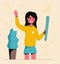 Cute woman is waving hand and holding a pencil. Freelance graphic designer or illustrator.