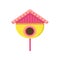 Cute wooden birdhouse on stand. Yellow nesting box with pink roof. Small house for birds. Flat vector element for