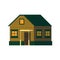 Cute wooden brown house with porch in flat cartoon style.