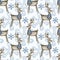 Cute wooden deer in a winter knitted scarf. Childrens watercolor seamless pattern. Winter endless fabric texture