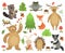 Cute woodland animals. Beaver fox deer owl bear hare hedgehog badger. Cartoon forest animal collection