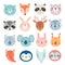Cute Woodland characters, bear, fox, raccoon, rabbit, squirrel, deer, owl and others