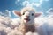 Cute woolly lamb standing in a fluffy soft clouds