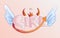 Cute word Girl with crown, evil horns and tail and angels wings on pastel pink background. Princess crown with word Girl