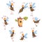 Cute Working Bees Flying around the Hive, Cute Happy Funny Bee Characters Collecting Honey Cartoon Vector Illustration