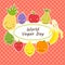 Cute World Vegan Day card with smiling characters of fruits around a plate