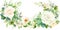 Cute wreath with leaves, white roses, pyrethrum and hydrangea blossom , Generative AI