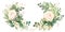 Cute wreath with leaves, white roses, pyrethrum and hydrangea blossom , Generative AI