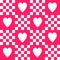 Cute y2k patchwork magenta fluorescent seamless pattern background, monochrome checkerboard with hearts backdrop. Modern