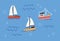 Cute yachts, boats and ships with sails floating in sea or ocean. Baby sailboats in water. Colored flat textured vector