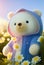 Cute yarn doll teddy bear in field of flower on glowing light Created with Generative AI technology