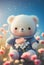 Cute yarn doll teddy bear in field of flower on glowing light Created with Generative AI technology