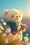 Cute yarn doll teddy bear in field of flower on glowing light Created with Generative AI technology