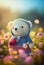 Cute yarn doll teddy bear in field of flower on glowing light Created with Generative AI technology