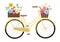 Cute yellow bicycle with flowers in wood basket and crate