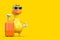 Cute Yellow Cartoon Duck Person Character Mascot with Orange Travel Suitcase. 3d Rendering