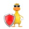 Cute Yellow Cartoon Duck Person Character Mascot with Red Metal Protection Shield. 3d Rendering