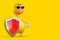 Cute Yellow Cartoon Duck Person Character Mascot with Red Metal Protection Shield. 3d Rendering