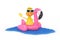 Cute Yellow Cartoon Duck Person Character Swimming with Summer Swimming Pool Inflantable Rubber Pink Flamingo Toy. 3d Rendering