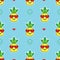 Cute yellow cartoon pineapples emoji face with red heart sunglasses on blue background pattern