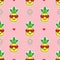 Cute yellow cartoon pineapples emoji with red heart sunglasses on retro pink dotted background pattern
