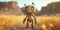 Cute yellow cartoon robot in a yellow field. Rustic metal toy cyborg android friend